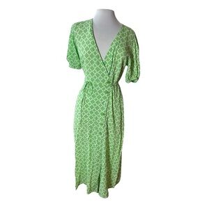 Mango Wrap Midi Dress Balloon Sleeves Geometric Print Green Size Medium New